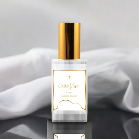 Cloud Four Parfum D'Ambiance organic room and linen spray by Four Scents by Jonae'. Features a luxurious blend of clean cotton, fresh ivory, and sandalwood notes. Made with premium fragrance oils, alcohol, and witch hazel for a non-toxic, eco-friendly scent experience that refreshes any space with elegance and tranquility